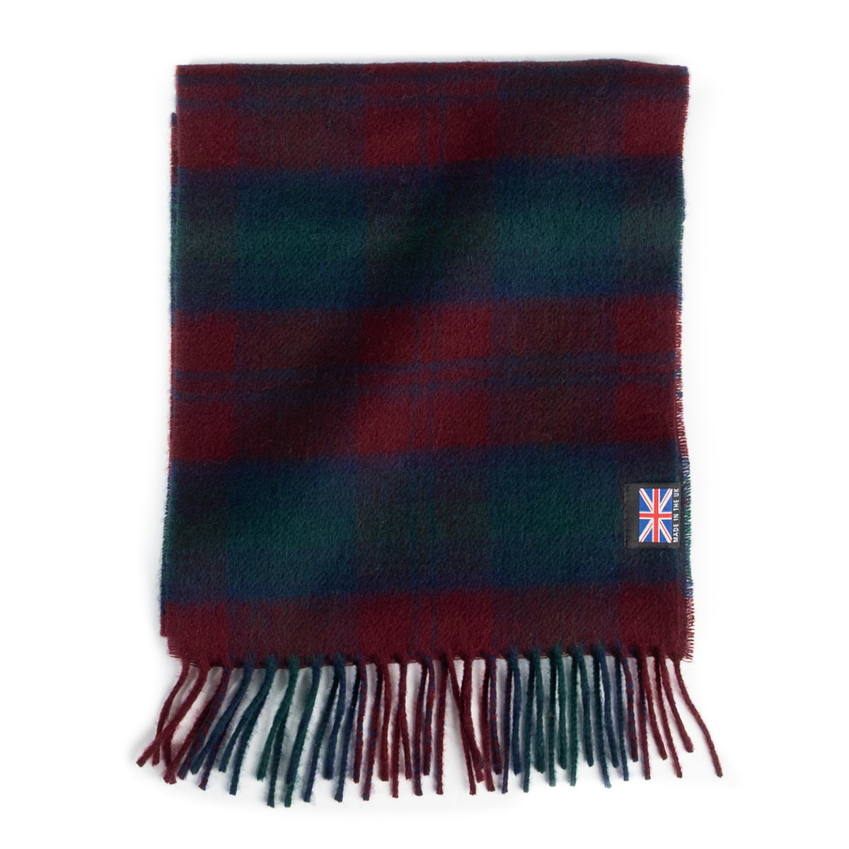 Prince of Scots Lindsay tartan merino lambswool scarf in burgundy and green with a British flag label and fringe ends.