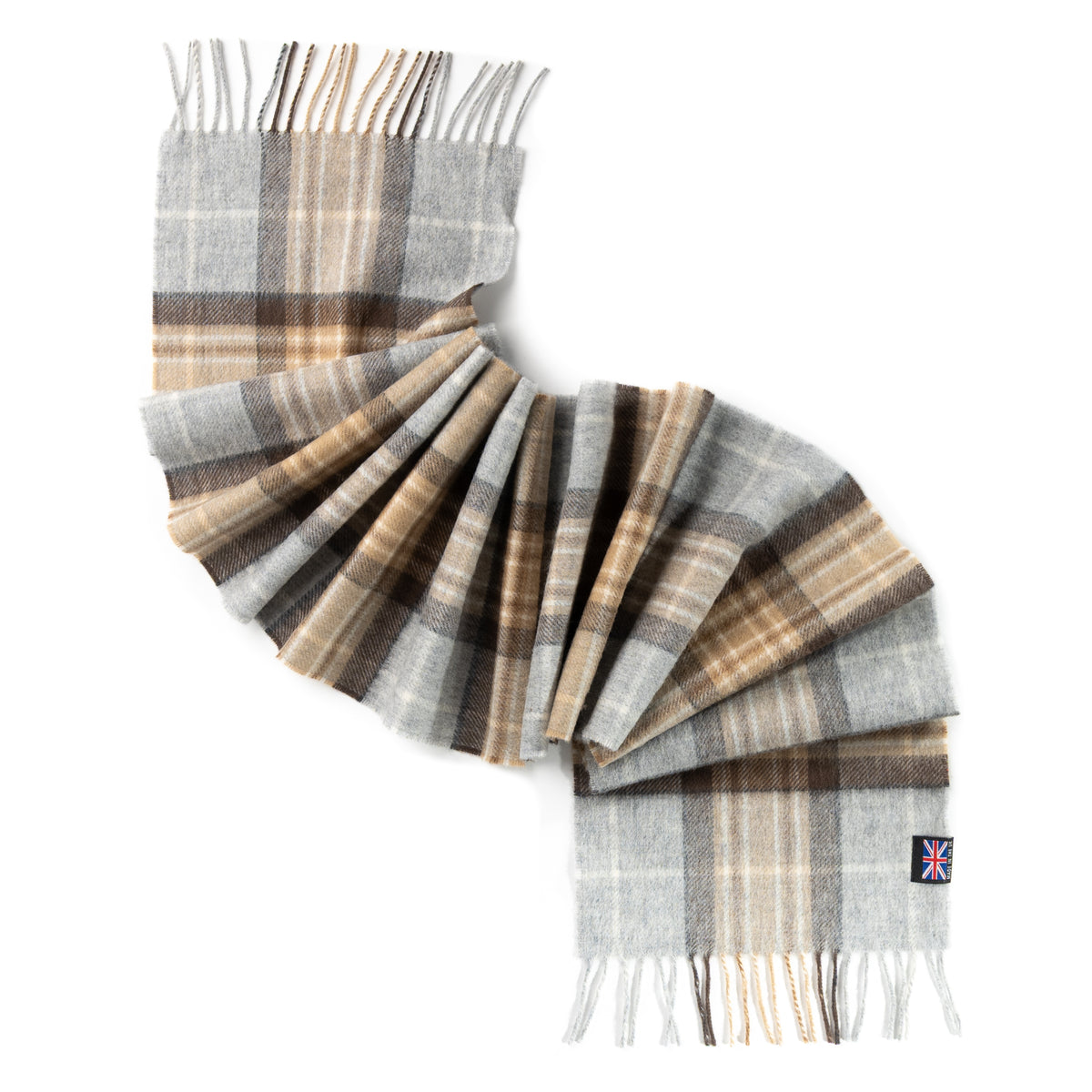 Prince of Scots Merino lambswool scarf in McKellar tartan with grey and tan plaid, featuring fringed ends and a UK flag tag.