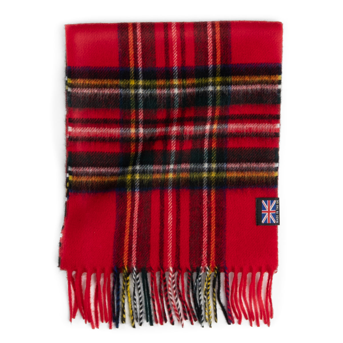 Royal Stewart tartan merino lambswool scarf in red with fringe and a Made in the UK tag.