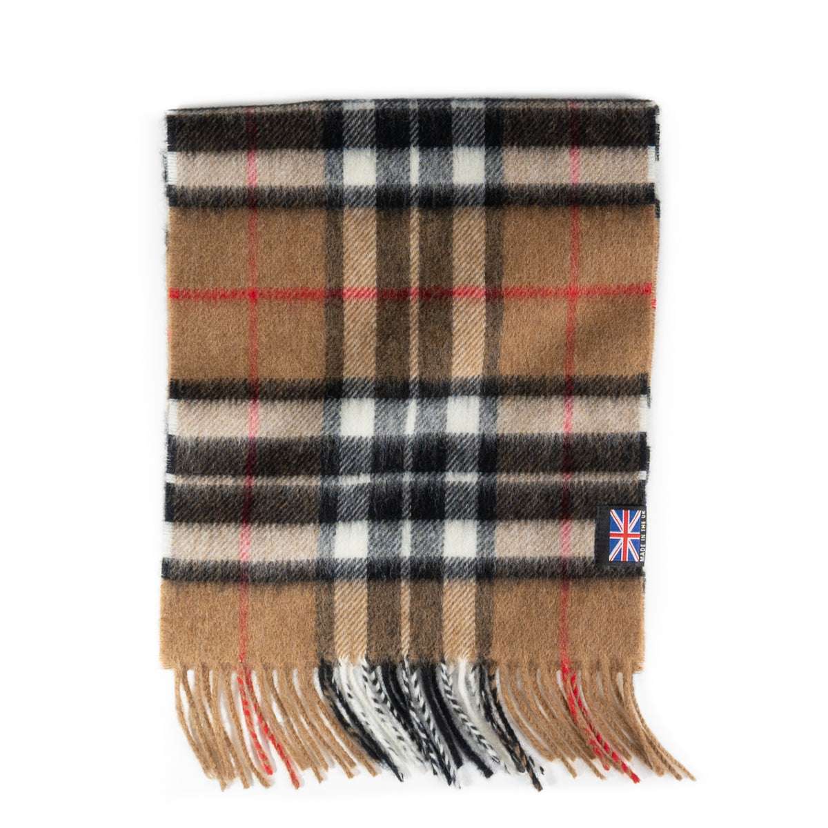 Thompson Camel tartan merino lambswool scarf with fringe and a British-made label, isolated on a white background.