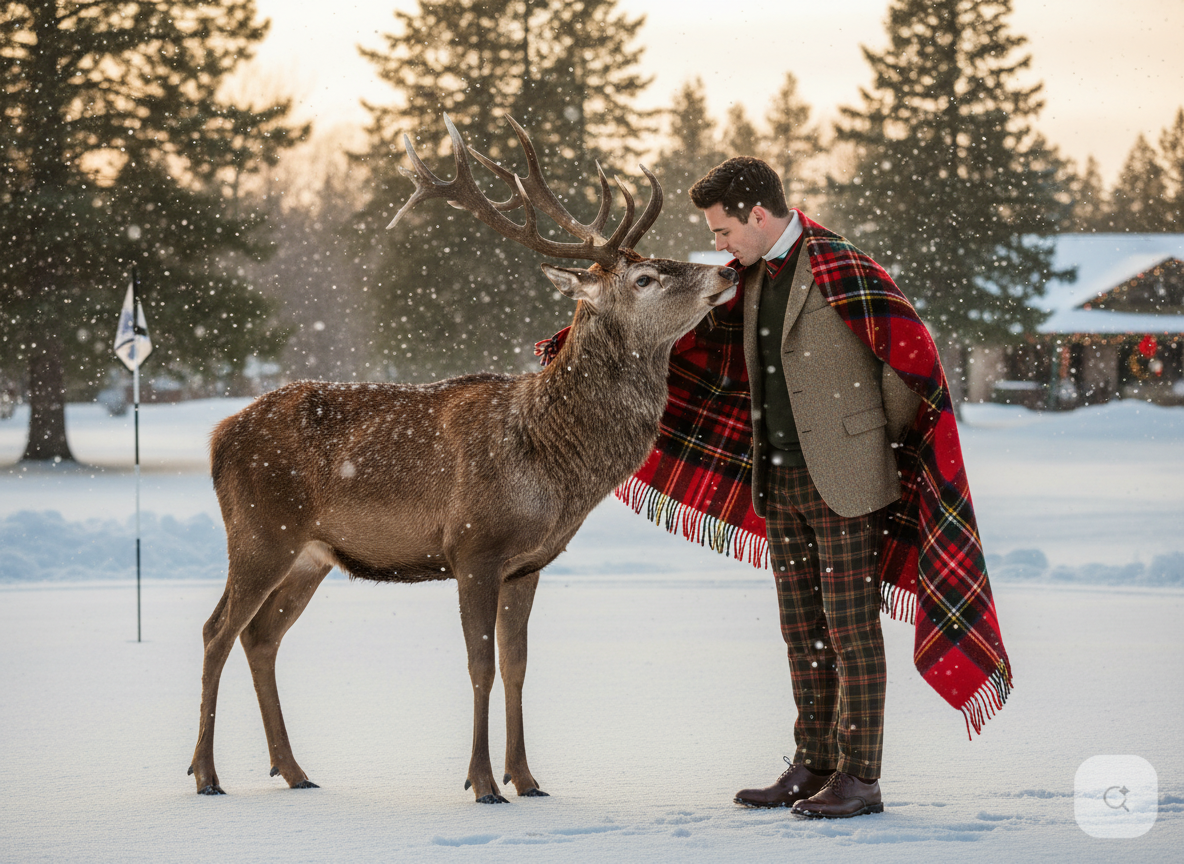 Prince of Scots Royal Stewart on Golf Course with Well Dressed Gentleman interacting with a deer in a snowy landscape.