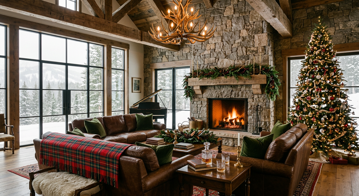 A cozy rustic lodge living room with a stone fireplace, brown leather sofas, a red plaid throw blanket, a decorated Christmas tree, and large windows looking out onto a snowy mountain landscape.