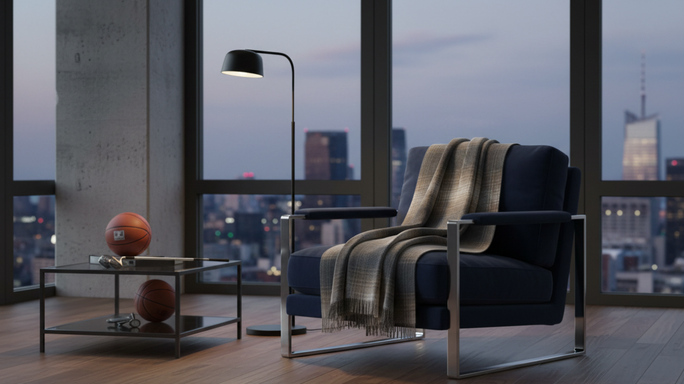 A modern navy blue armchair with a gray and beige plaid throw blanket, set in a stylishly decorated room with a Manhattan city skyline view at dusk. A black floor lamp, a small glass coffee table with basketballs, and a concrete pillar are visible.