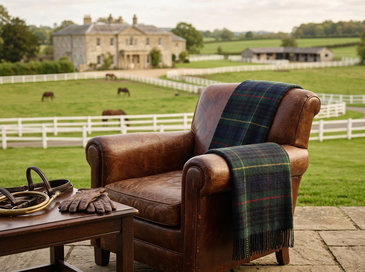 A brown leather armchair sits on a stone patio with a green and red plaid throw blanket draped over it, set against a backdrop of a large stone manor house, white fences, and grazing horses in a lush green field.