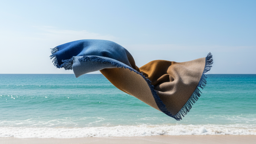Two blankets, one blue and one brown, are floating above a sandy beach with ocean in the background.