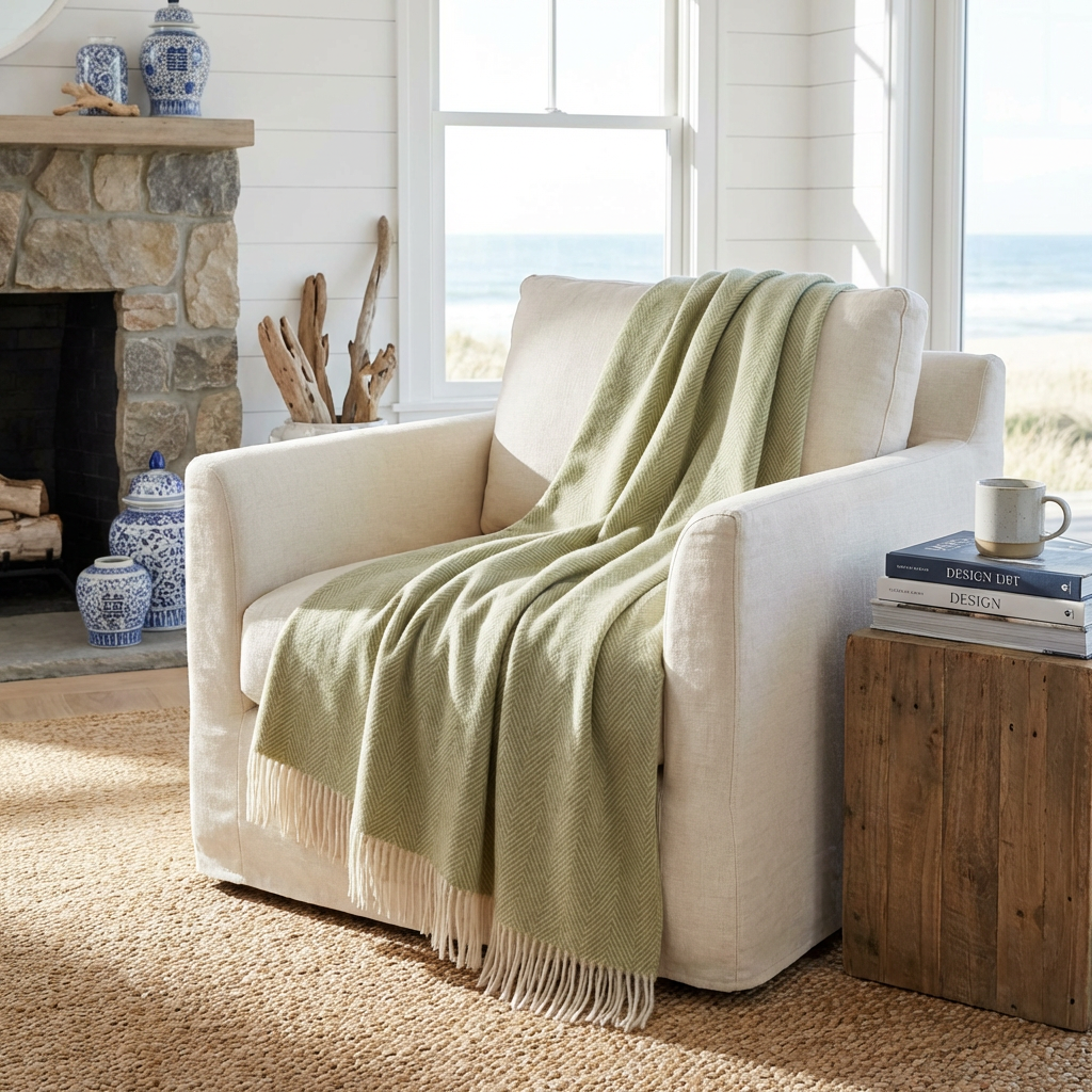 Southampton Home Merino Wool Herringbone Throw (Celery)-Throws and Blankets-[bar code]-Prince of Scots