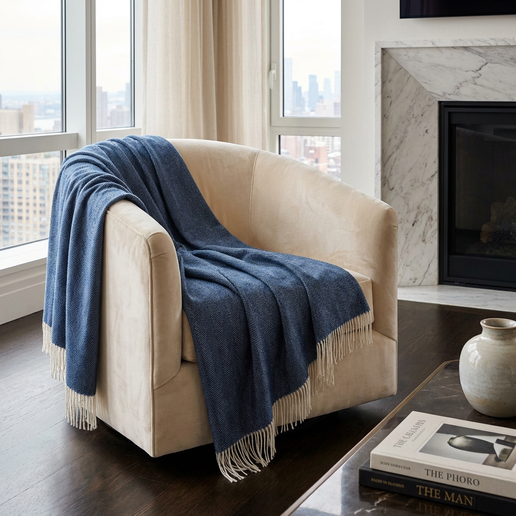 Southampton Home Merino Wool Herringbone Throw (Classic Navy)-Throws and Blankets-[bar code]-Prince of Scots