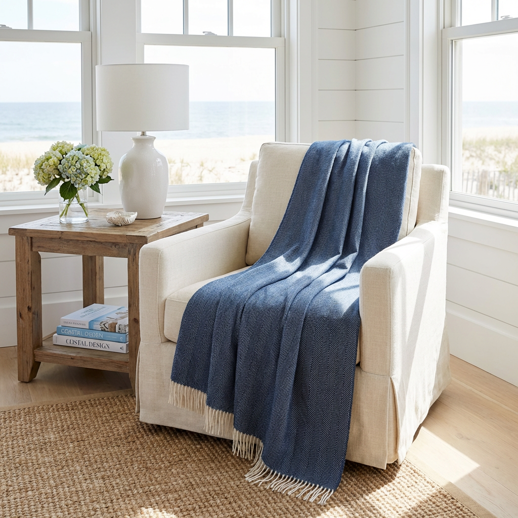 Southampton Home Merino Wool Herringbone Throw (Classic Navy)-Throws and Blankets-[bar code]-Prince of Scots