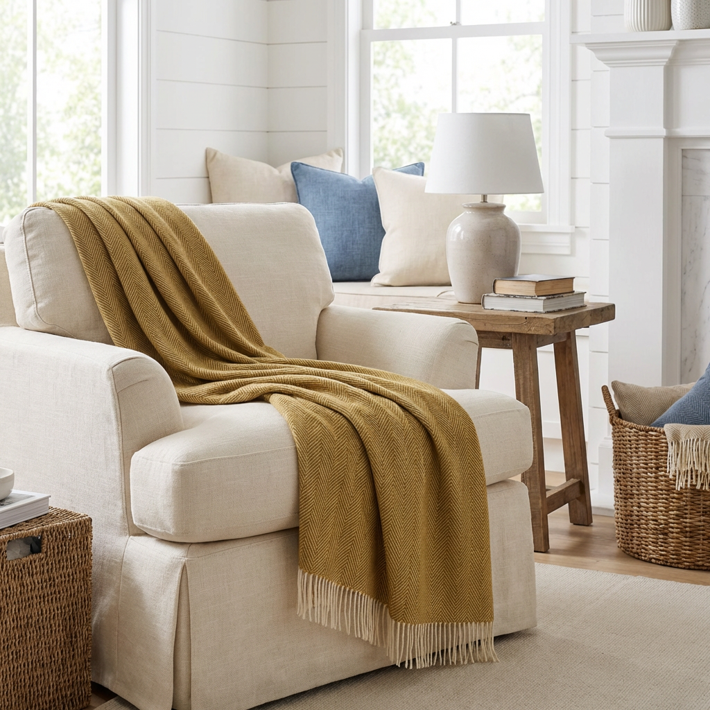 Southampton Home Merino Wool Herringbone Throw (Gold)-Throws and Blankets-[bar code]-Prince of Scots