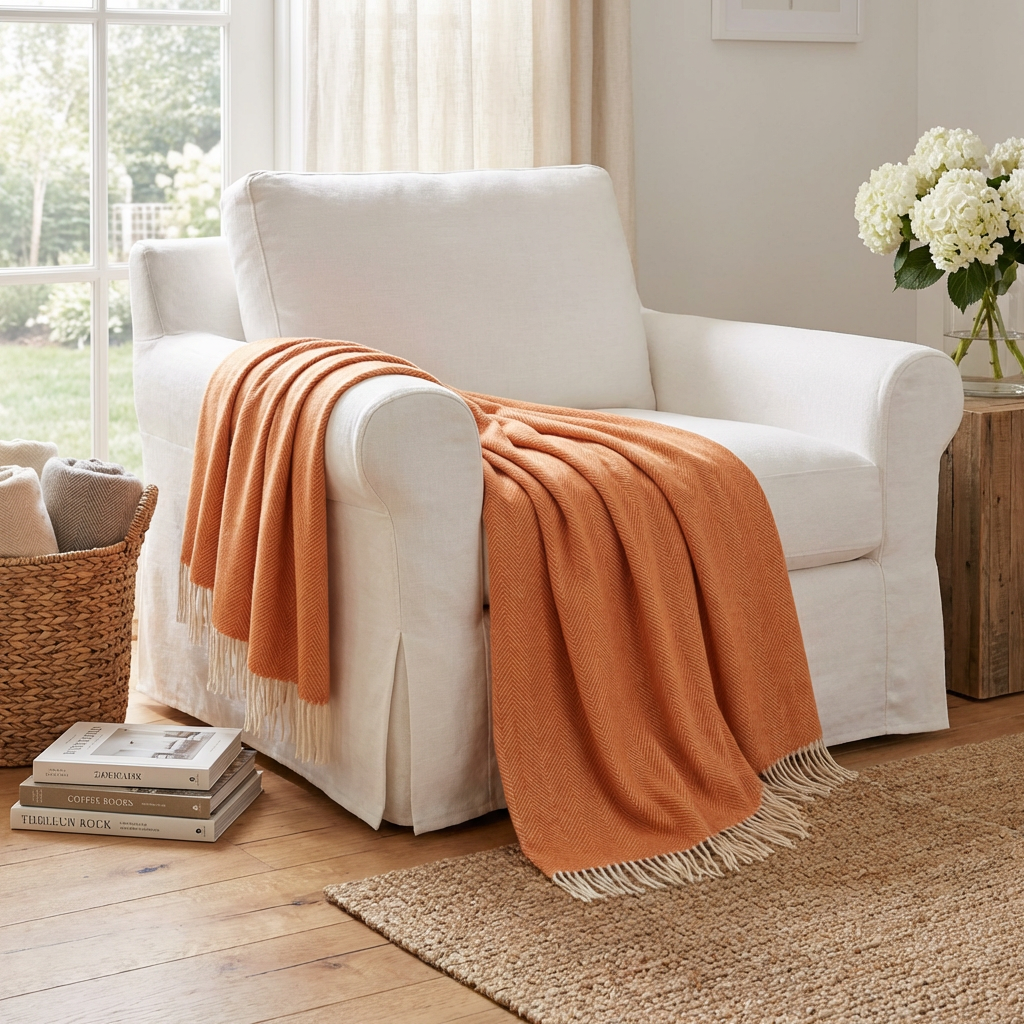 Southampton Home Merino Wool Herringbone Throw (Heirloom Tomato)-Throws and Blankets-[bar code]-Prince of Scots