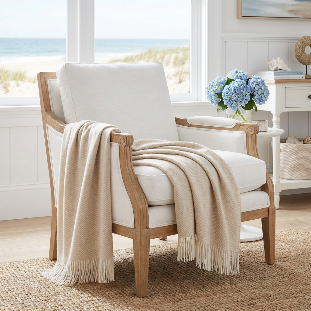 Southampton Home Merino Wool Herringbone Throw (Linen)-Throws and Blankets-[bar code]-Prince of Scots