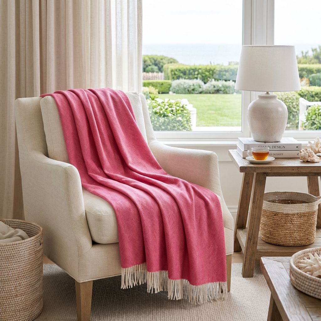 Southampton Home Merino Wool Herringbone Throw (Pink )-Throws and Blankets-[bar code]-Prince of Scots