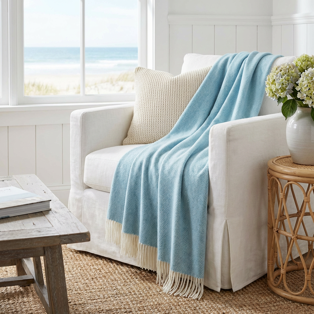 Southampton Home Merino Wool Herringbone Throw (Sky Blue)-Throws and Blankets-[bar code]-Prince of Scots