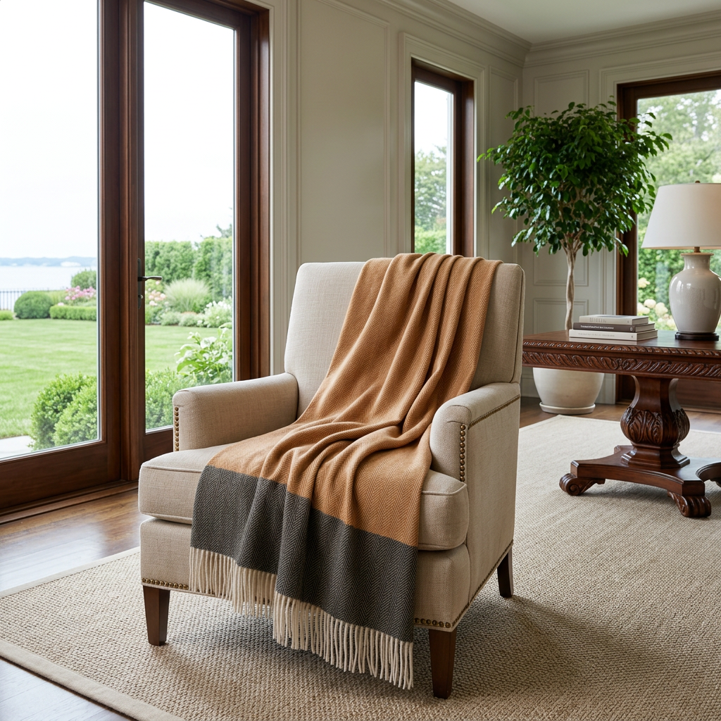 Southampton Home Portofino Herringbone Fine Australian Wool Throw ~ Golden Sand