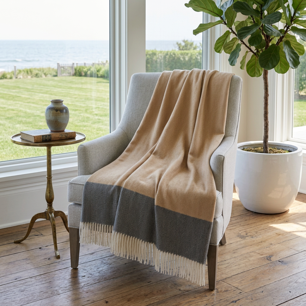 Southampton Home Portofino Herringbone Fine Australian Wool Throw ~ Greige