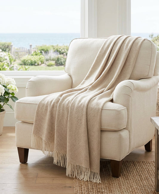 Southampton Home Shetland Lambswool Herringbone Throw – Linen | Woven in England-Throws and Blankets-[bar code]-Prince of Scots
