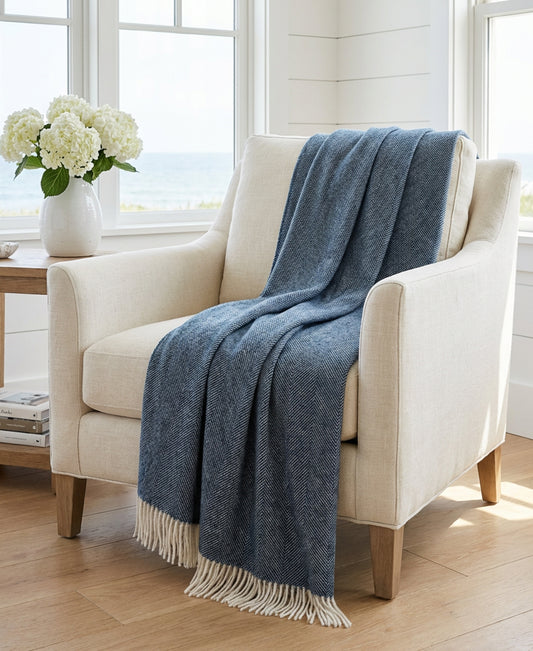 Southampton Home Shetland Lambswool Herringbone Throw – Navy | Woven in England-Throws and Blankets-[bar code]-Prince of Scots