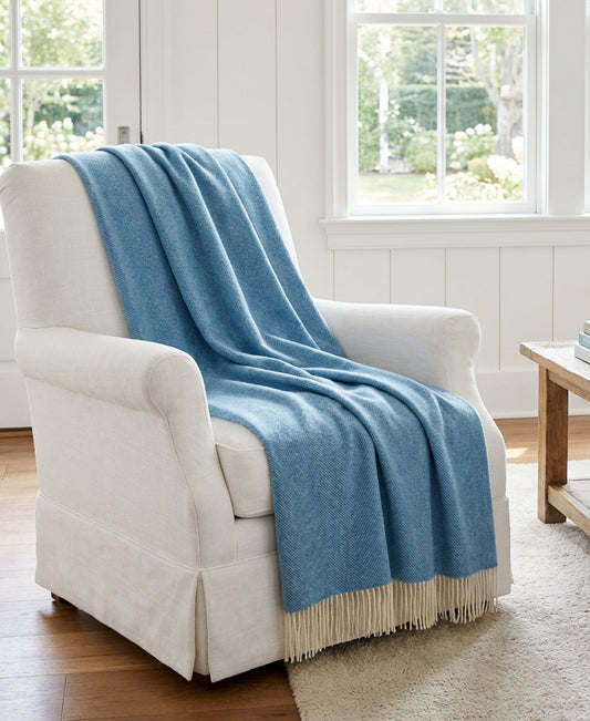 Southampton Home Shetland Lambswool Herringbone Throw – Ocean Blue | Woven in England-Throws and Blankets-[bar code]-Prince of Scots