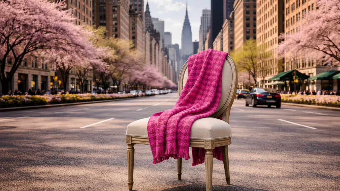 Chair with a pink blanket on a city street lined with cherry blossom trees