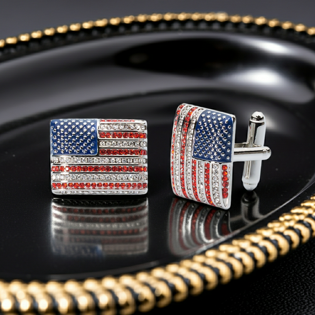 Stars & Stripes Crystal Cufflinks – American Flag Enamel & Crystal Accents-Men's Gifts-[bar code]-Prince of Scots