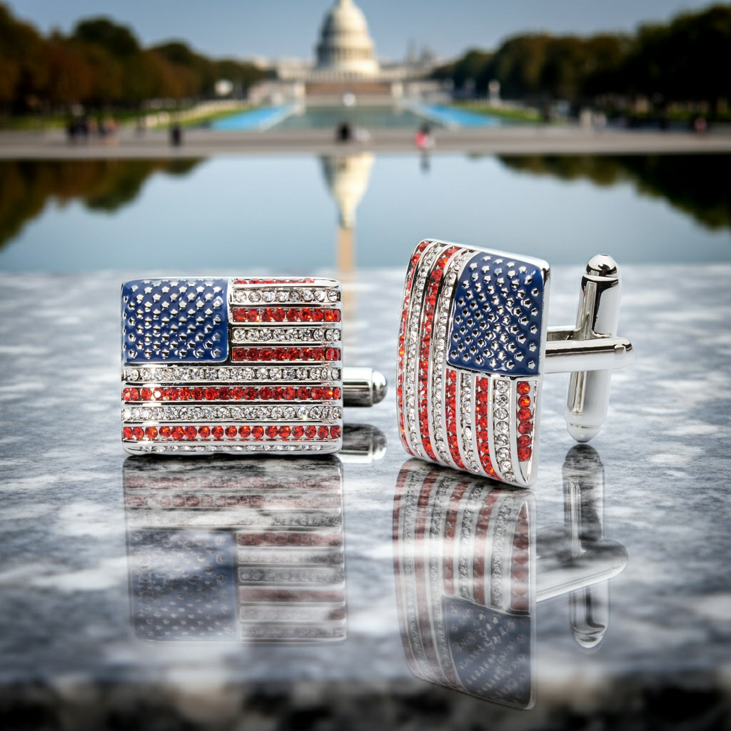 Stars & Stripes Crystal Cufflinks – American Flag Enamel & Crystal Accents-Men's Gifts-[bar code]-Prince of Scots