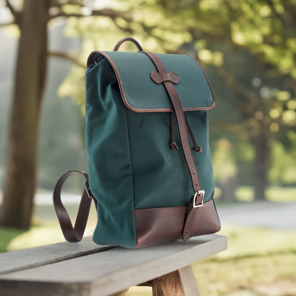 canvas backpack leather straps Wanderlust Cotswold Canvas Backpack ~ Classic Green