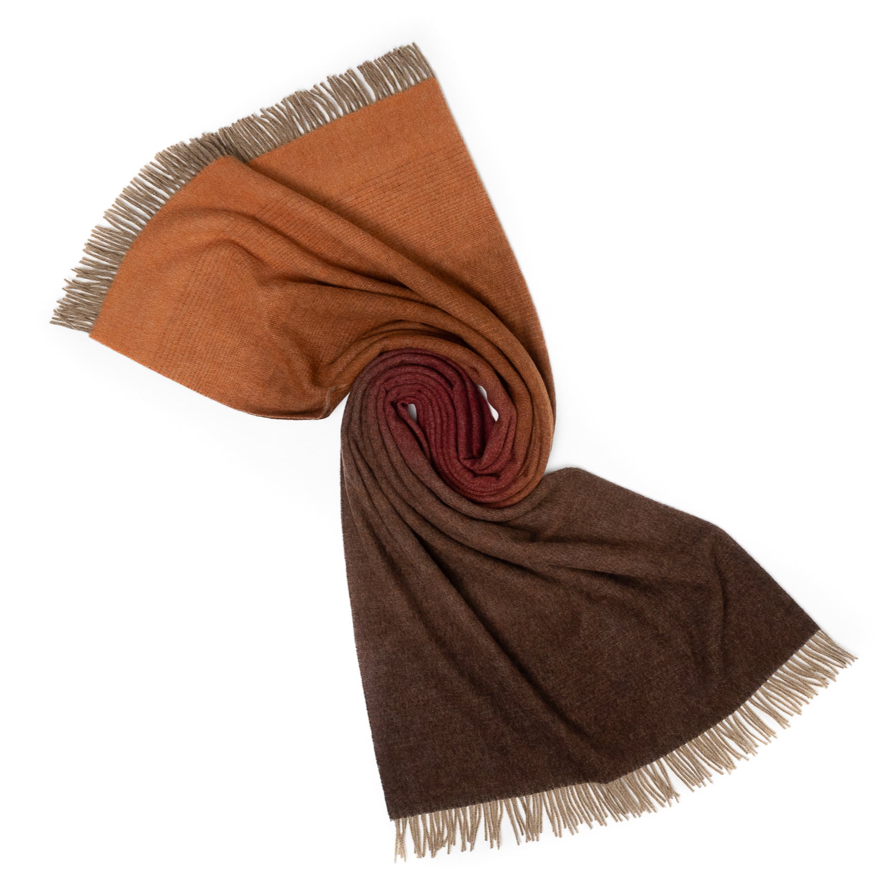 Whisper Ombre Merino Throw in Ember – Luxury Brown to Orange Gradient Blanket by Prince of Scots