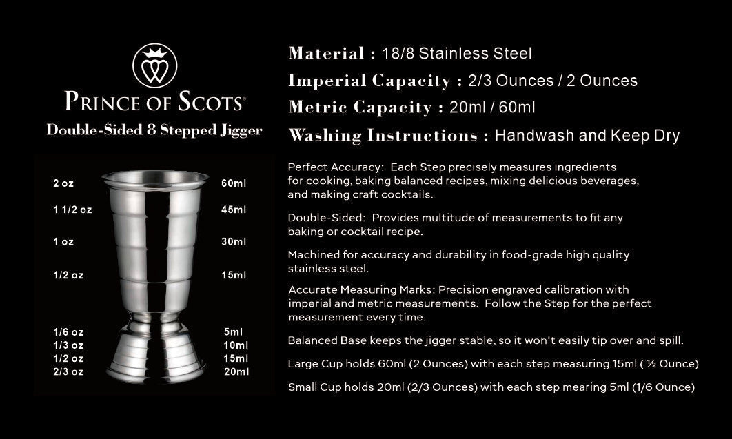 Art Deco Double-Sided 8 Stepped Jigger ~ Silver ~-Barware-Prince of Scots-00810032753122-8StepSilver-Prince of Scots