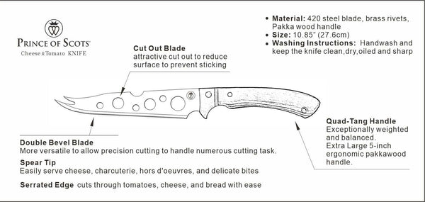 Cheese-Tomato Knife | Large Handle | Premium Steel, Bar Tool, Gourmet Knife-Barware-Prince of Scots-810032753436-CheeseTomatoKnife-Prince of Scots