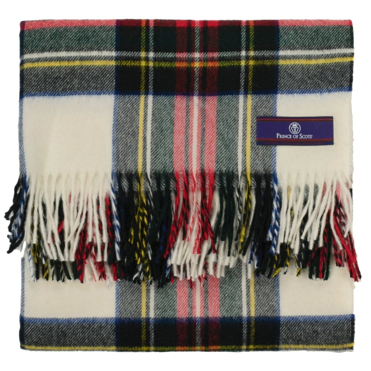 Dress Stewart tartan merino wool throw with fringed edges and Prince of Scots label.