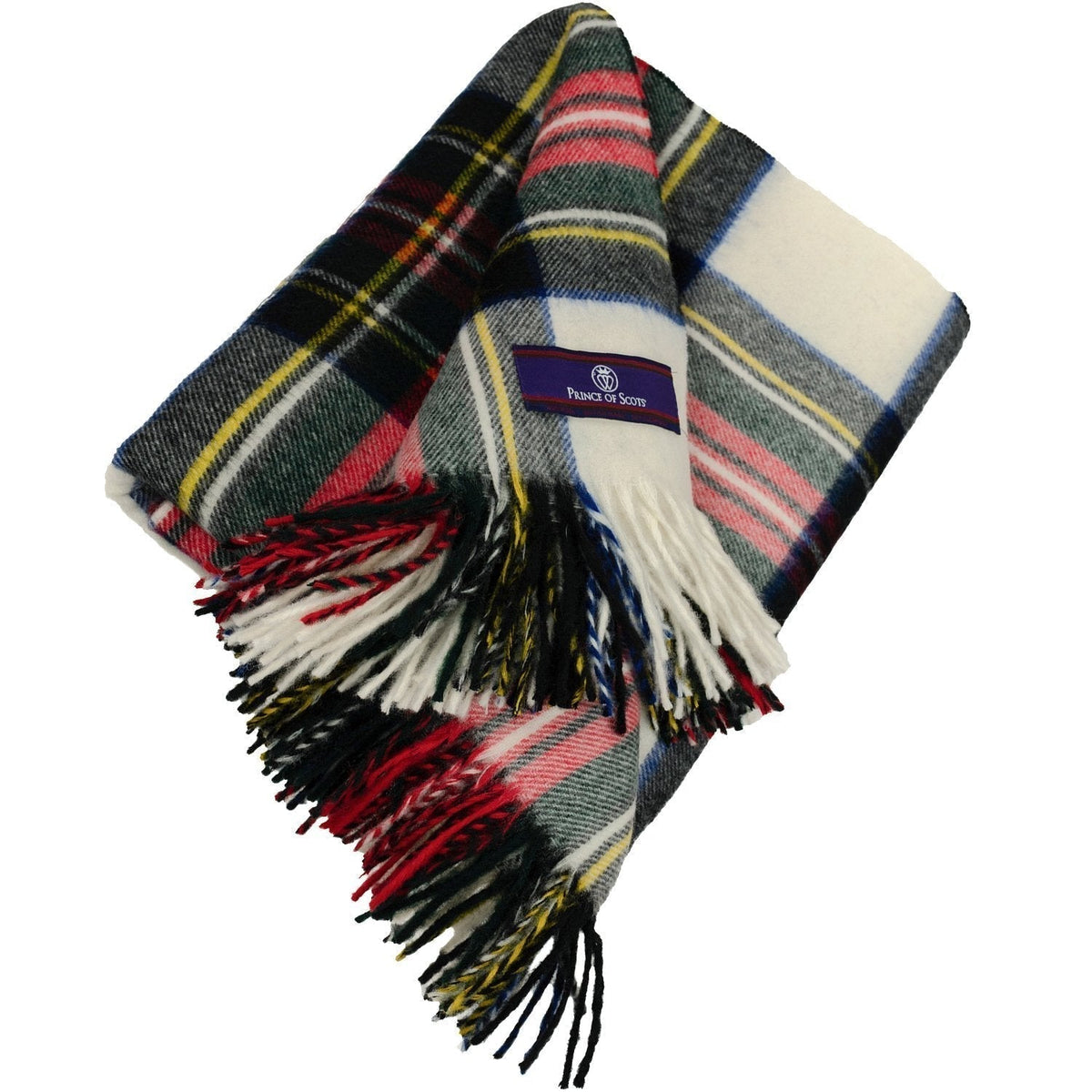 Dress Stewart tartan merino wool throw with fringed edges and Prince of Scots label on a white background.