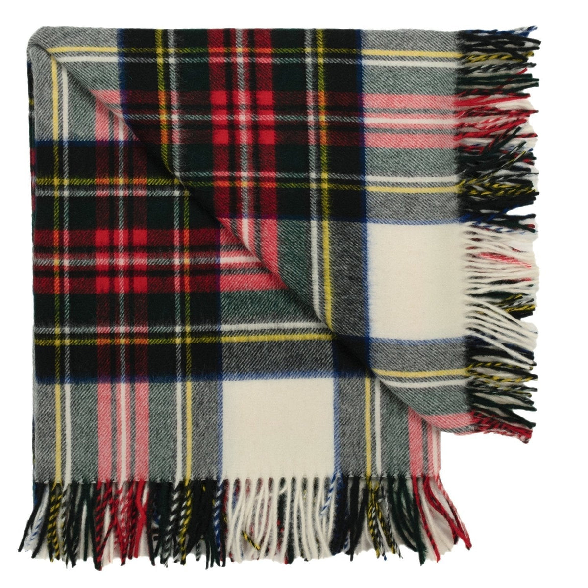 Dress Stewart tartan merino wool throw in red, green, and white with fringed edges on a white background.