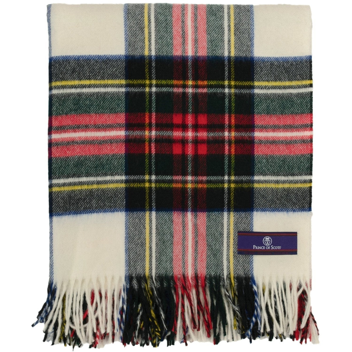 Dress Stewart tartan merino wool throw with fringed ends and Prince of Scots label.