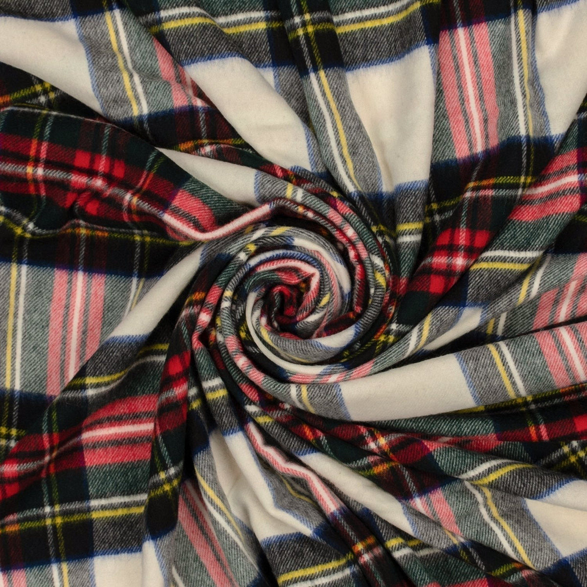 Dress Stewart tartan merino wool throw in a soft, spiraled fabric pattern with red, green, white, and yellow plaid.