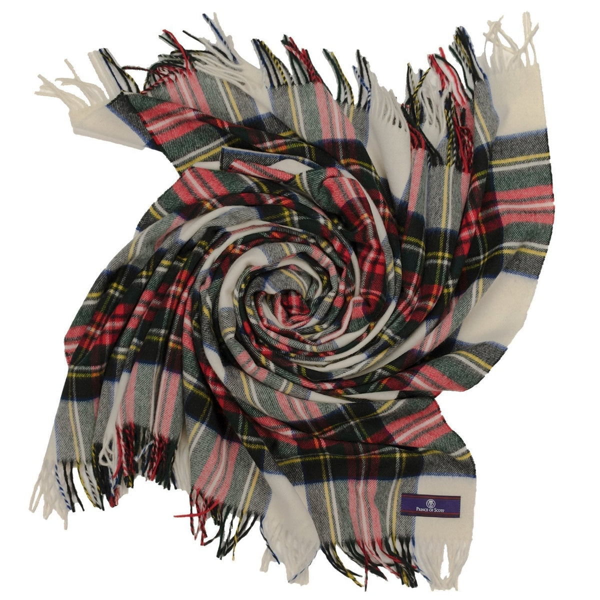 Dress Stewart tartan merino wool throw with fringed edges, featuring a classic red, green, and white plaid pattern.