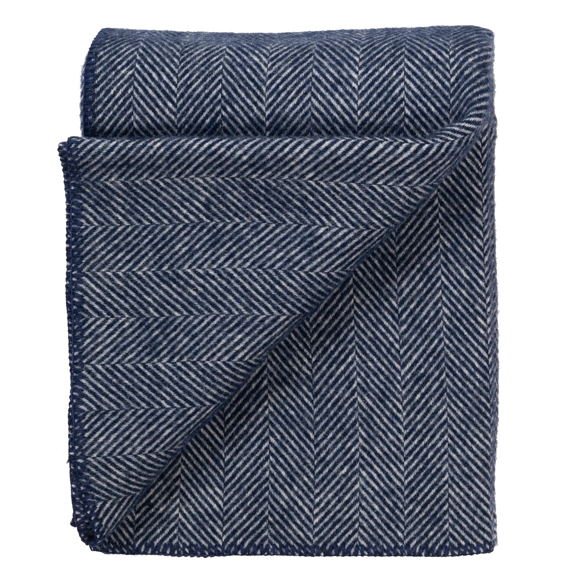 Highland Tweeds BIG Throw ~ Navy Herringbone ~-Throws and Blankets-[bar code]-NavyBlanketStitch-Prince of Scots