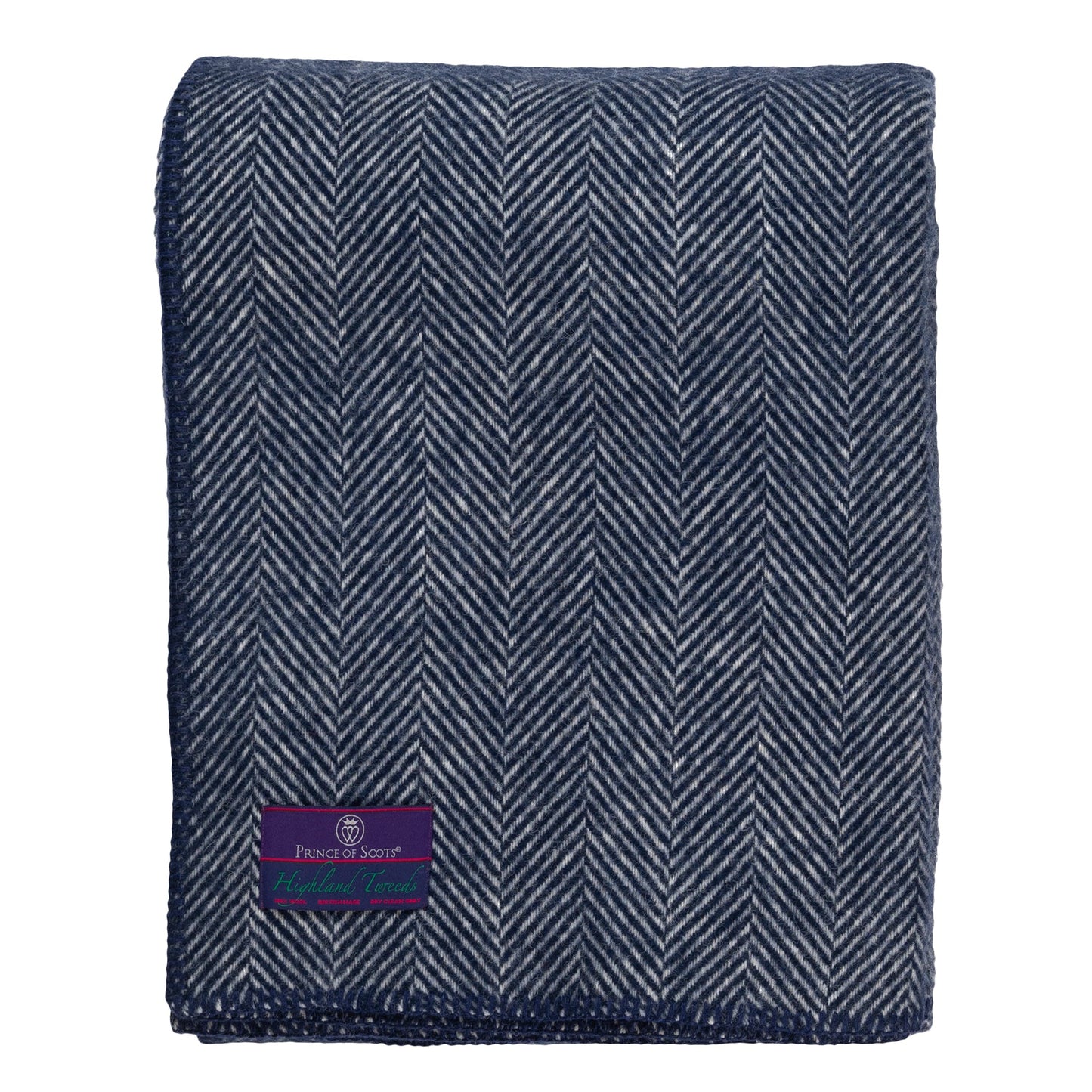 Highland Tweeds BIG Throw ~ Navy Herringbone ~-Throws and Blankets-[bar code]-NavyBlanketStitch-Prince of Scots