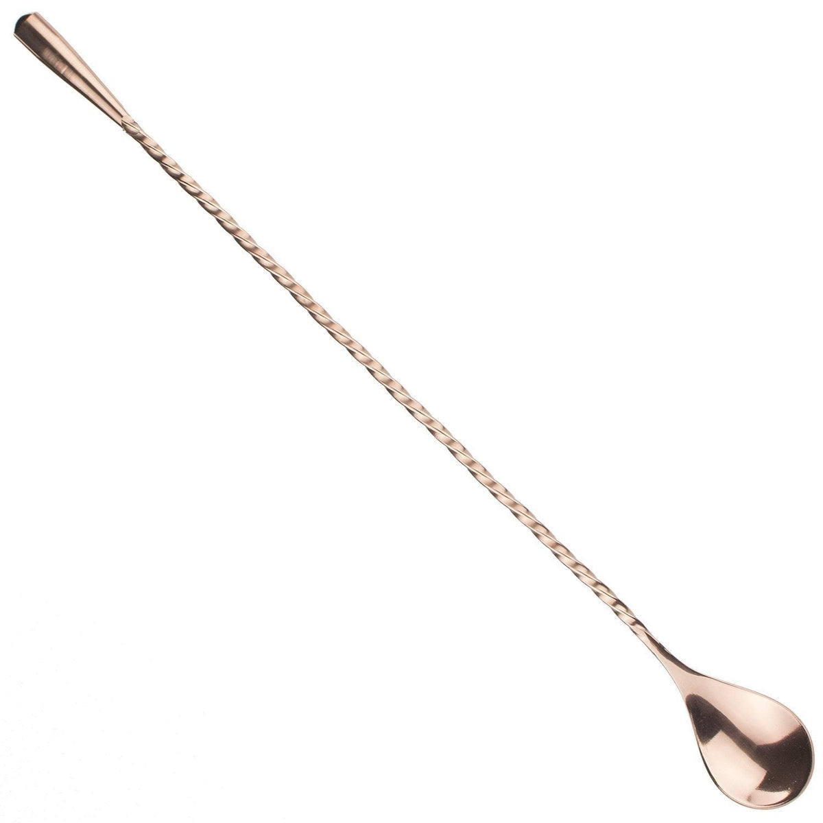 Japanese-style copper cocktail bar spoon with a long twisted handle and weighted teardrop end for balanced stirring.