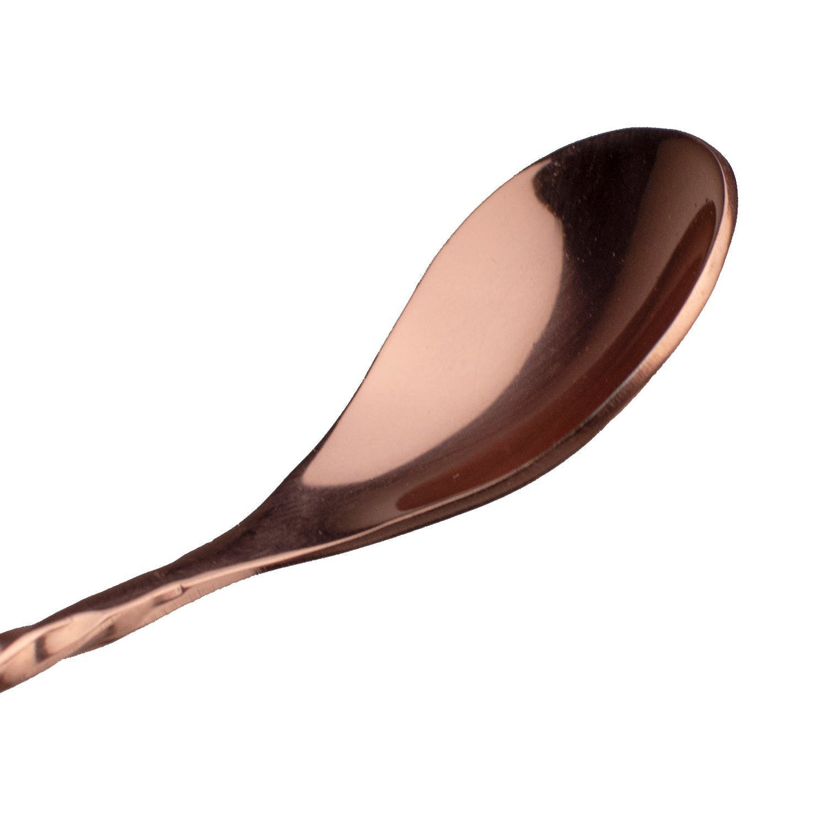 Japanese-style cocktail bar spoon with a polished, warm copper finish and a slender, elegant teardrop bowl design.