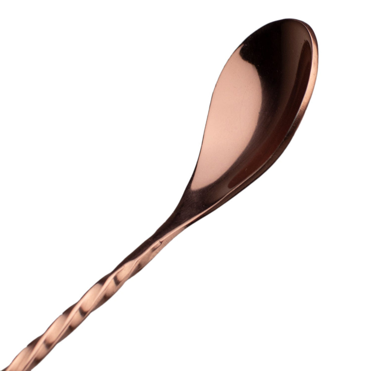 Japanese-style copper cocktail bar spoon featuring a slender twisted handle and a polished teardrop bowl.