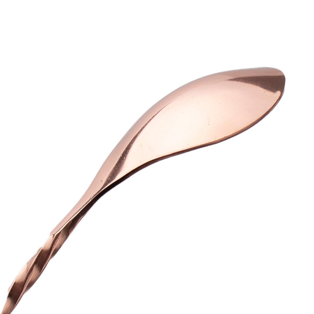 Japanese-style copper cocktail bar spoon with a polished finish and elegant twisted handle detail.