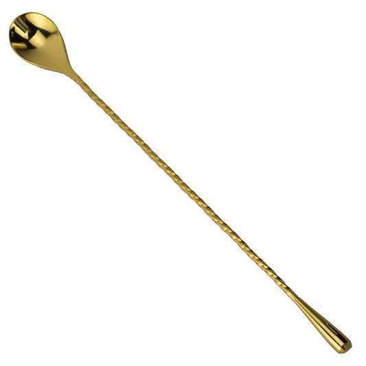 11.75-inch Japanese-style gold cocktail bar spoon with a long twisted handle and weighted teardrop end.