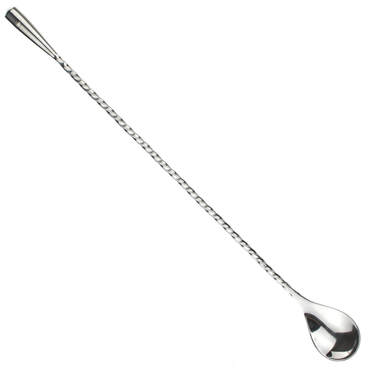 11¾-inch Japanese-style stainless steel cocktail bar spoon with a twisted handle and weighted teardrop end.