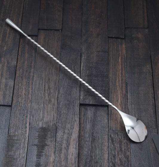 Polished stainless steel Japanese-style cocktail bar spoon with a long twisted handle and weighted teardrop end.