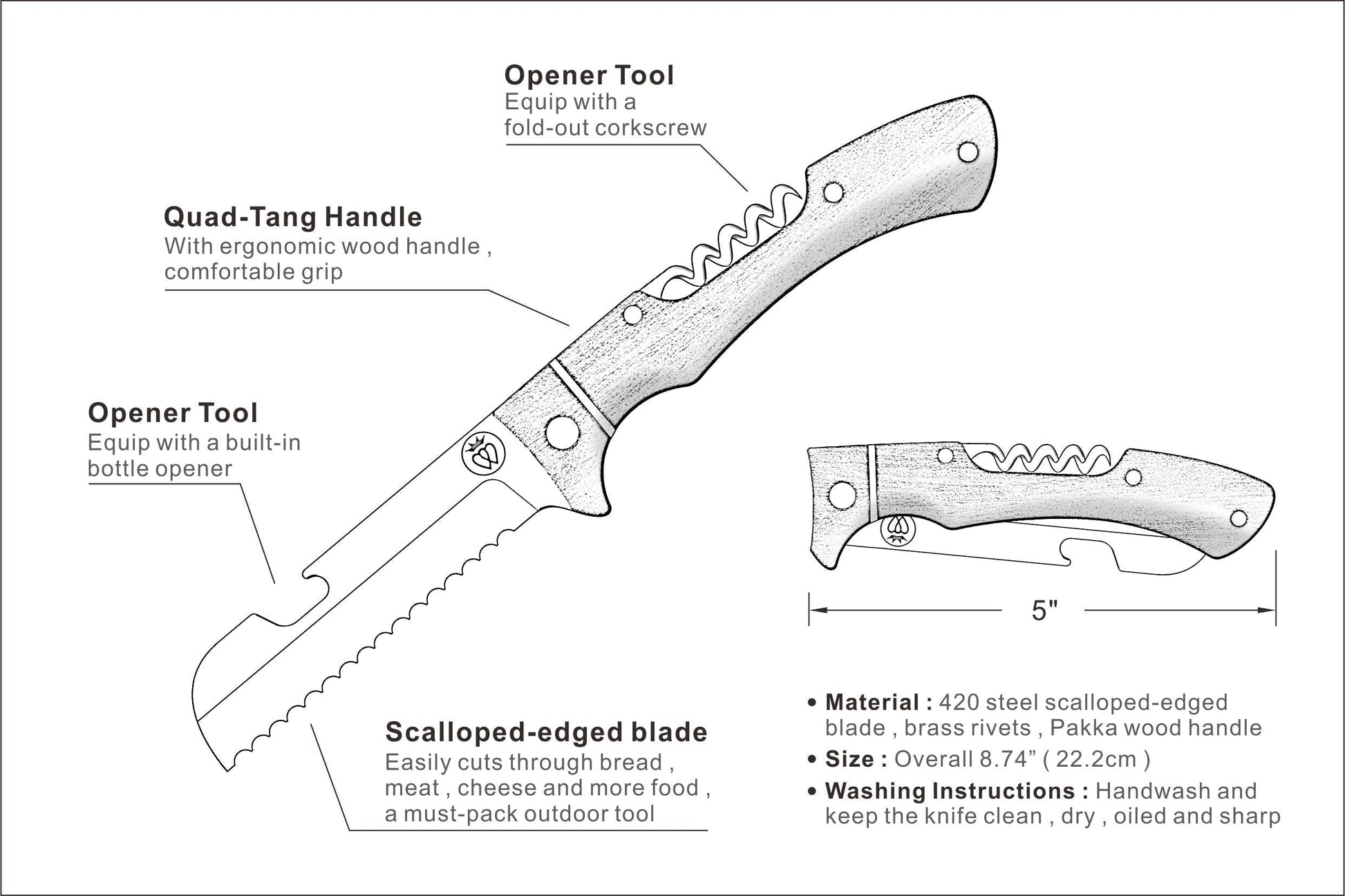 Prince of Scots Picnic Knife | Folding Knife | Premium Steel, Wine & Bottle Opener, Scalloped Edge Blade, Large Handle-Barware-00810032752576-PicnicKnife-Prince of Scots