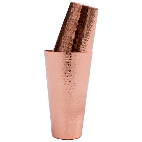 Two-piece Boston cocktail shaker set made of polished, hammered pure copper.